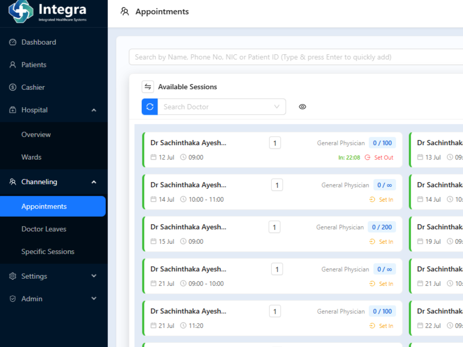 Integra Health appointments dashboard showing scheduled sessions and doctor availability