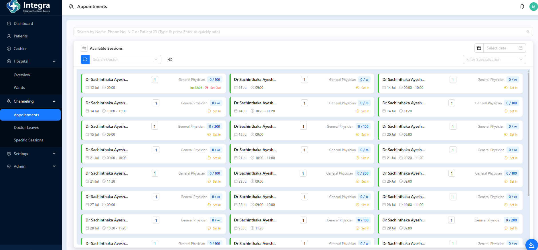 Integra Health appointments dashboard showing scheduled sessions and doctor availability