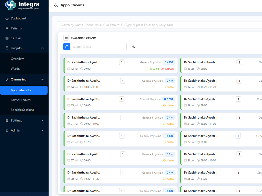 Integra Health appointments dashboard showing scheduled sessions and doctor availability