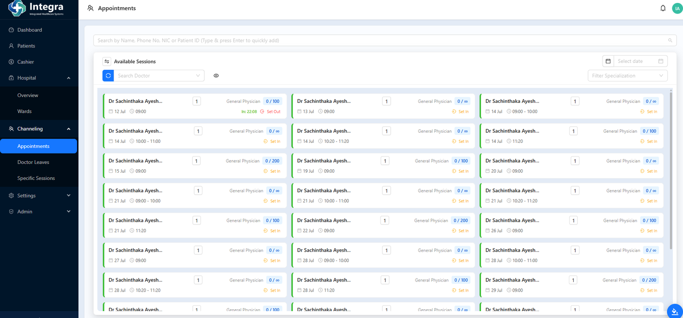 Integra Health appointments dashboard showing scheduled sessions and doctor availability